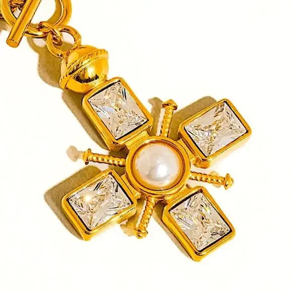 Crystal Pearl Cross Pendant Necklace Stainless Steel Gold Plated - Picture 3 of 9
